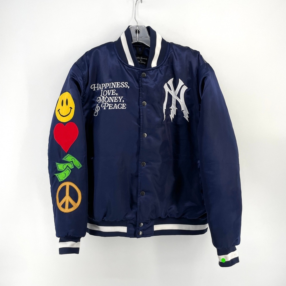Nineteen Diamonds Urban Luxury Navy Blue Satin Bomber Jacket NY Patch Mens Small